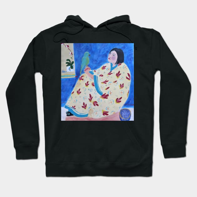 chinese girl with green parrot Hoodie by janestallwood